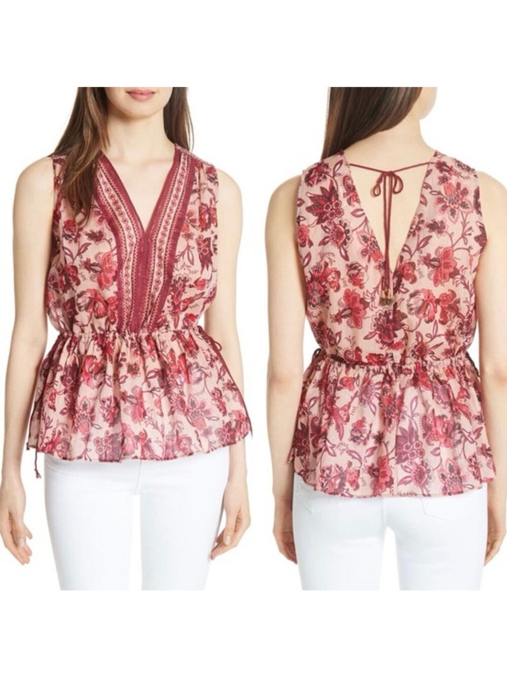 KATE SPADE Sleeveless V-neck Paisley Blossom Broome Steel Top | S
